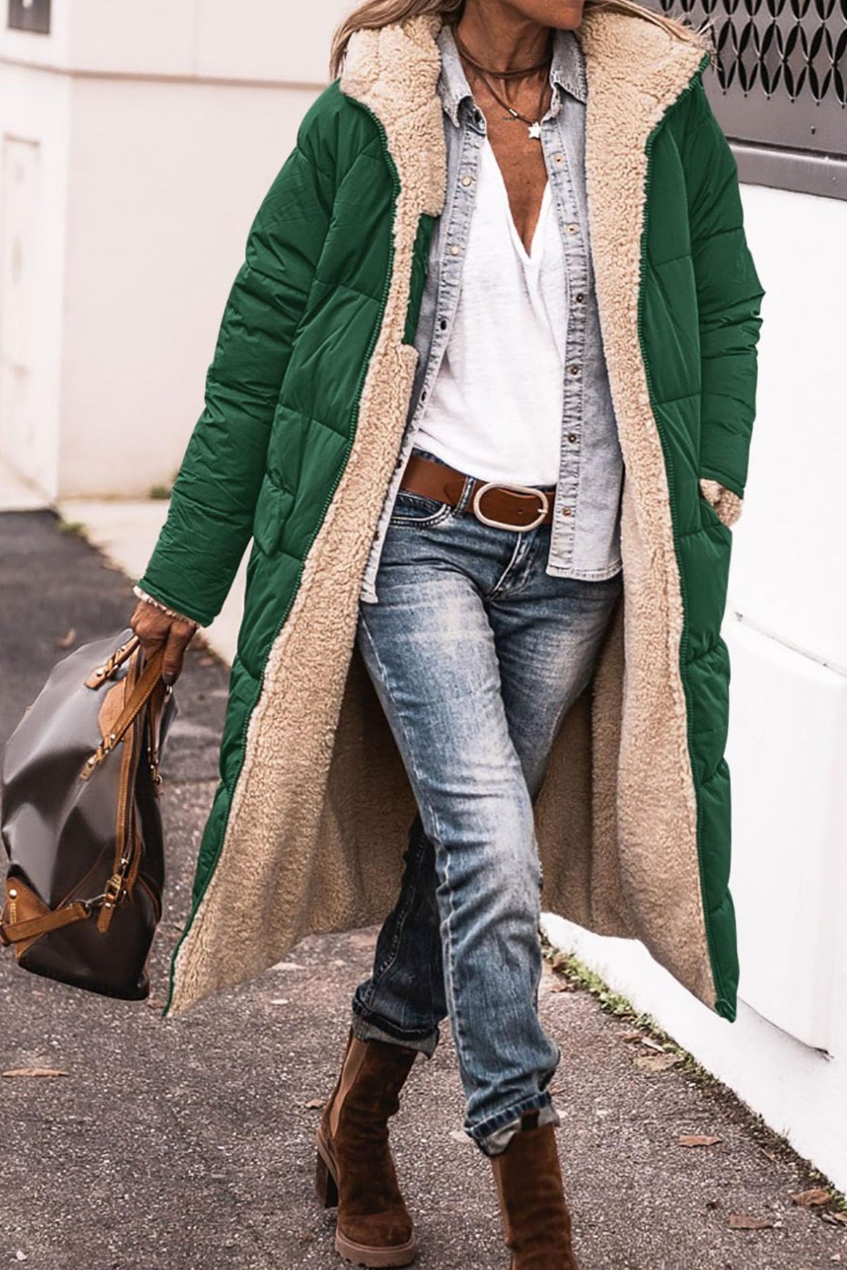 Hooded padded jacket in green with beige sherpa lining and long sleeves