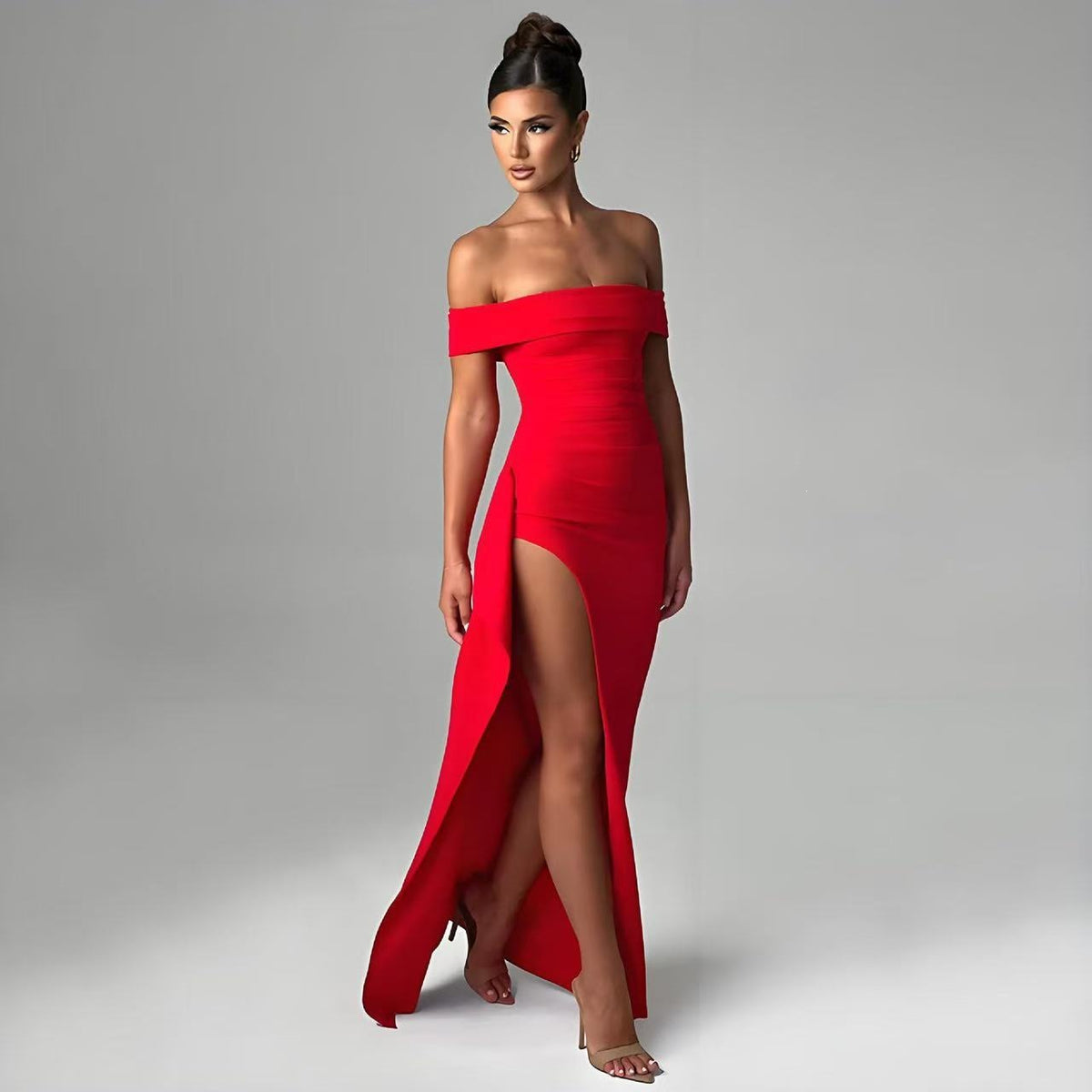 Red off-shoulder ruched mermaid maxi dress with high leg slit and draped side panel