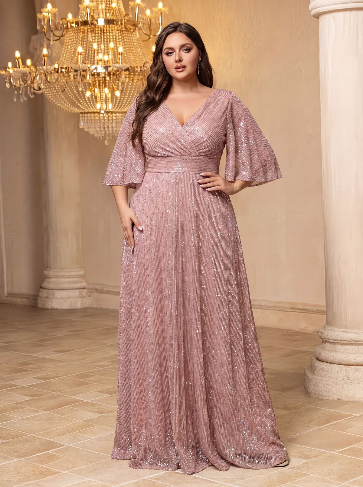 Pink V-neck sequin evening dress with waist tie and sheer short sleeves