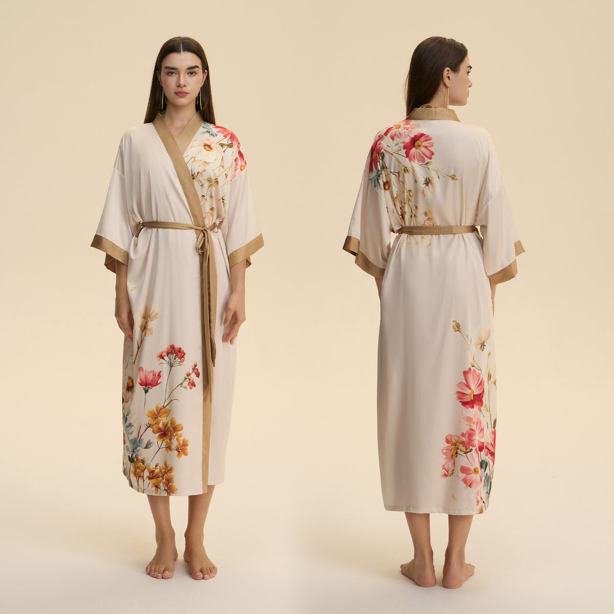 Cream floral satin V-neck robe nightgown with tie belt, kimono sleeves, mid-calf