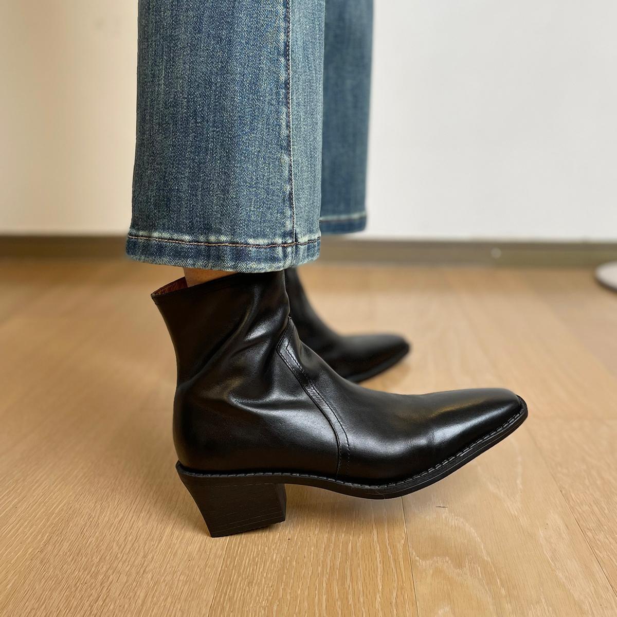 Women's black leather ankle boots, square toe, stacked block heel, back zip closure