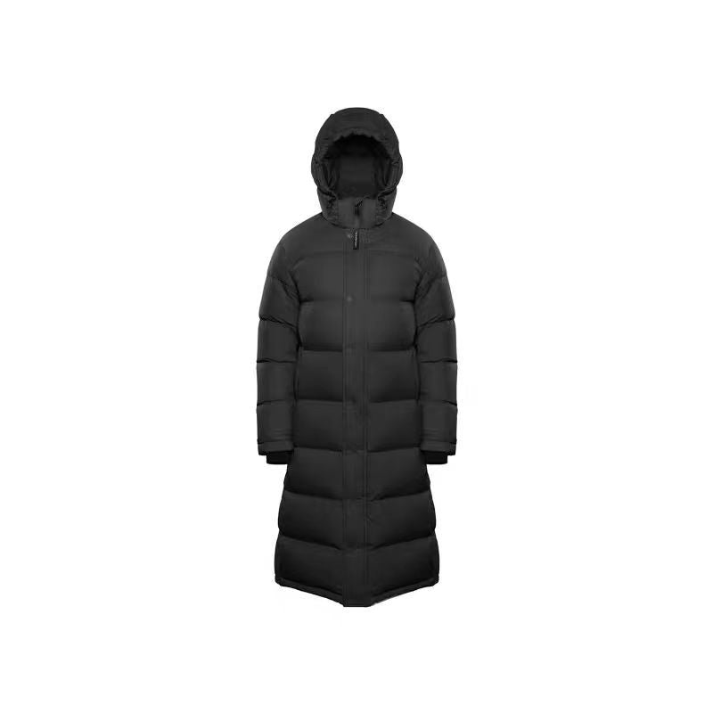 Black long hooded puffer coat, front view with full-length zipper