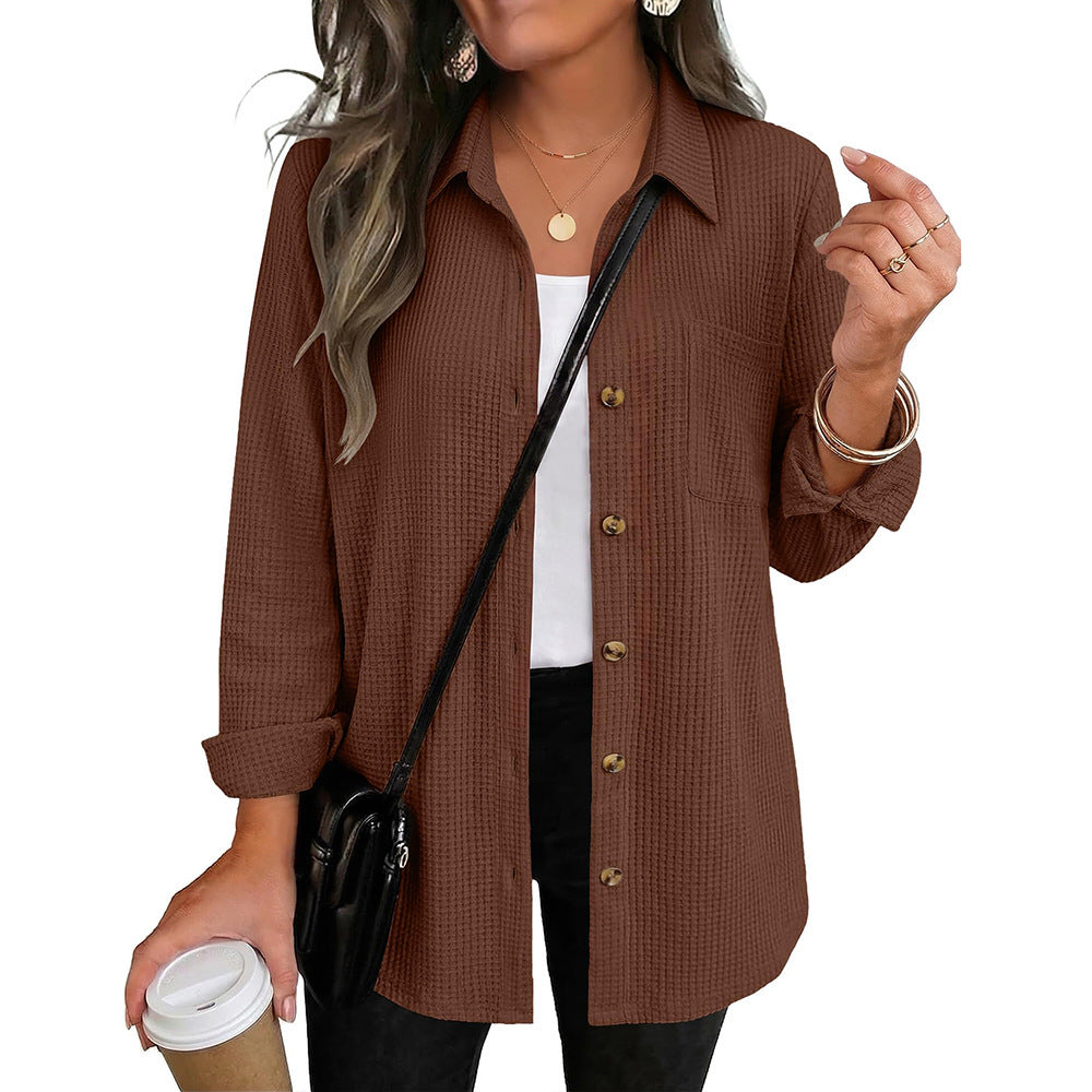 Women's waffle-knit button-up shirt, long sleeves, brown