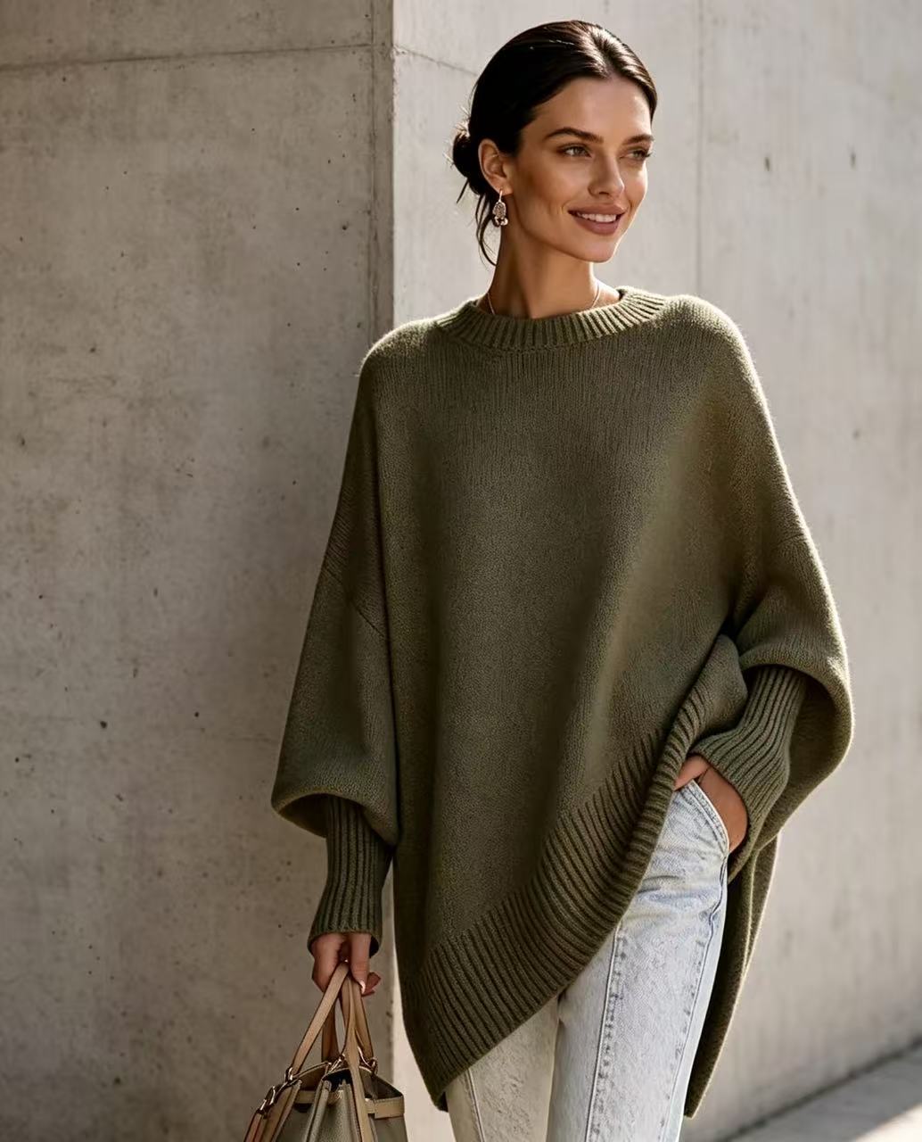 Plus-size knit sweater, solid olive green, round neck pullover with draped batwing sleeves