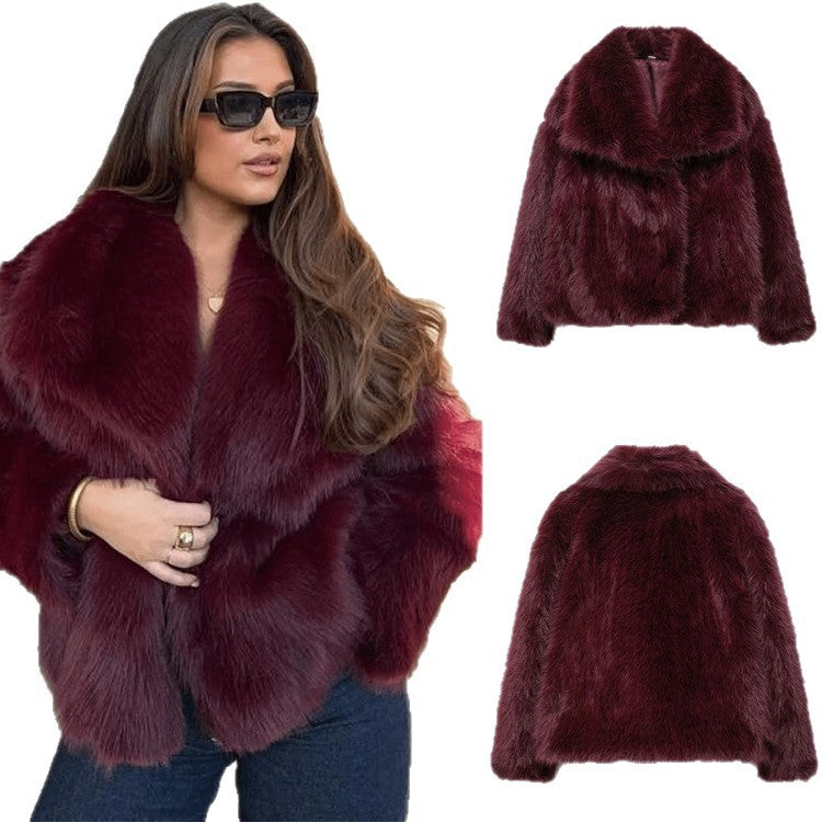 Wine red faux fur long-sleeve jacket, front view with lapel collar