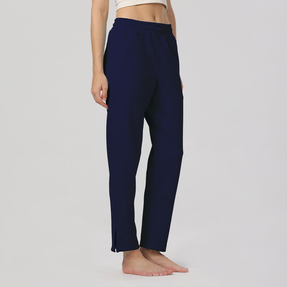 Navy elastic-waist cotton pants with straight legs and ankle-length hems