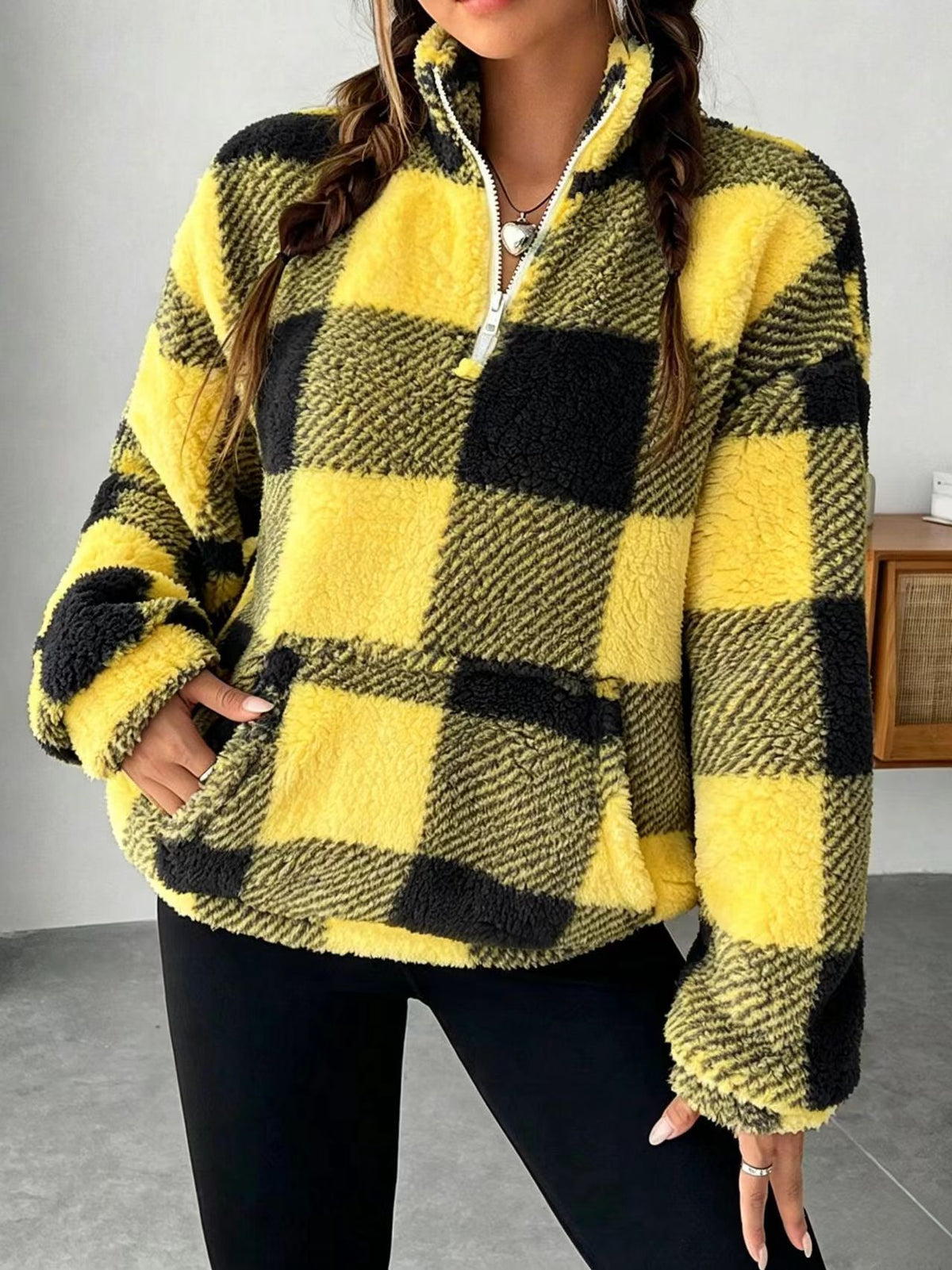Women’s plaid plush quarter-zip sweatshirt, yellow and dark green, half-open collar