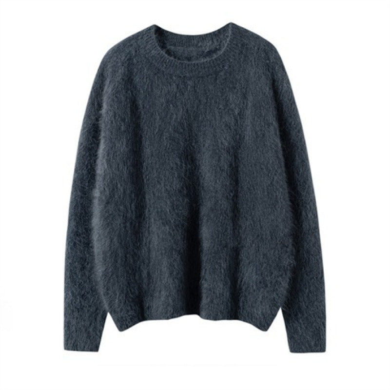Charcoal round-neck cashmere pullover sweater, long sleeves, classic loose fit