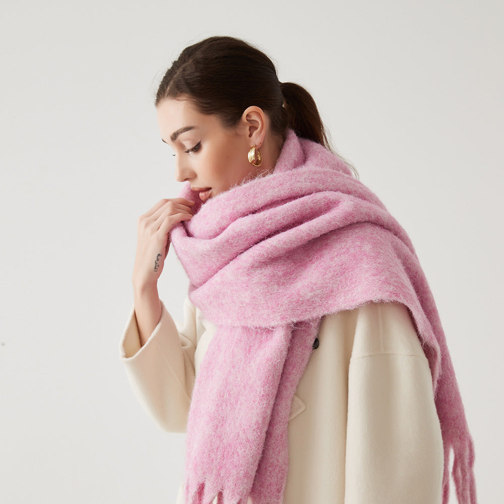 Women’s wool hair scarf, pink solid wrap with long fringe ends