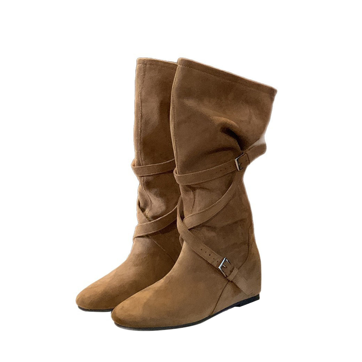 Tan slouchy long boots with fold-over cuff and double buckle straps, low wedge heel.
