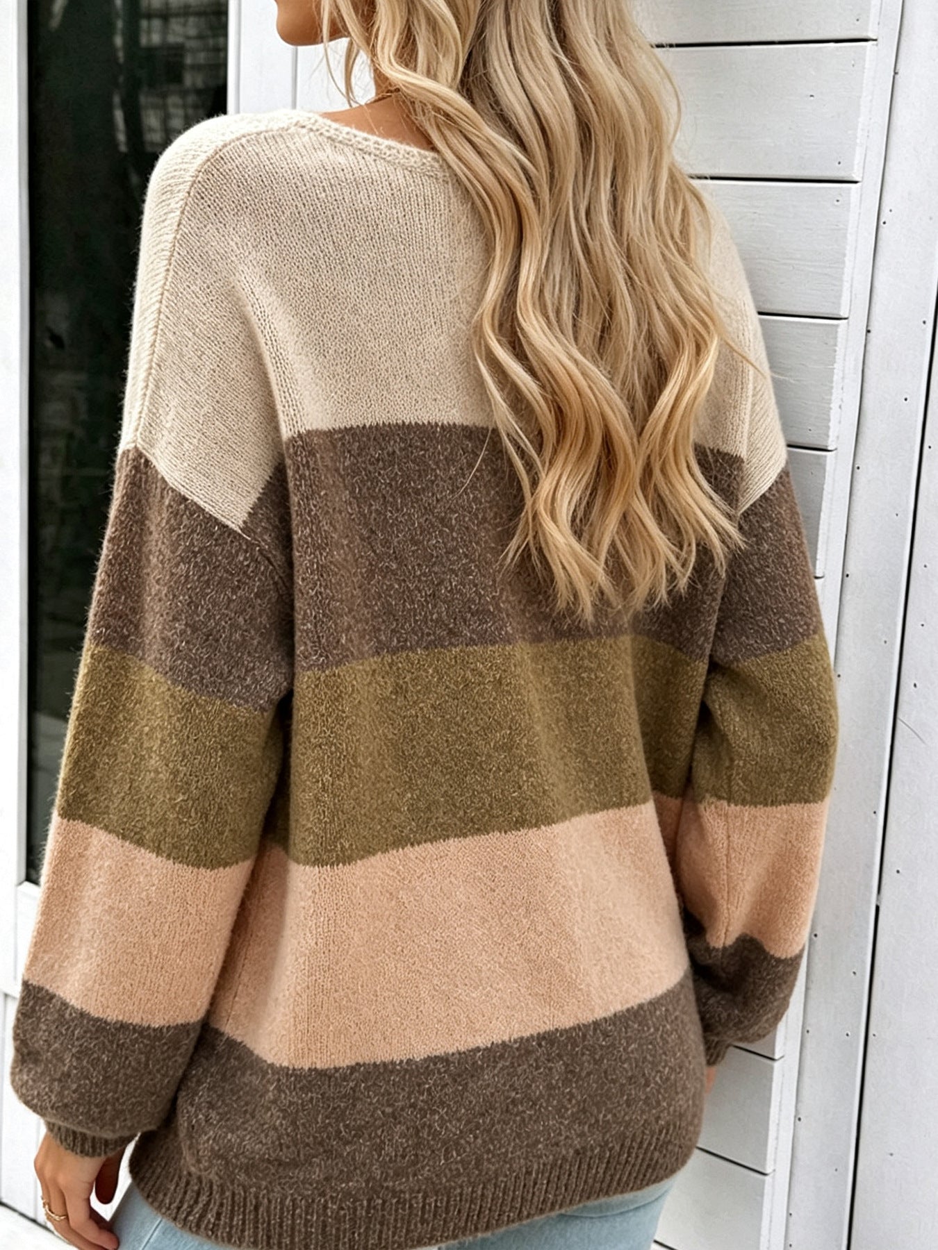 Women’s striped knit crew neck sweater, back view, khaki and brown block stripes
