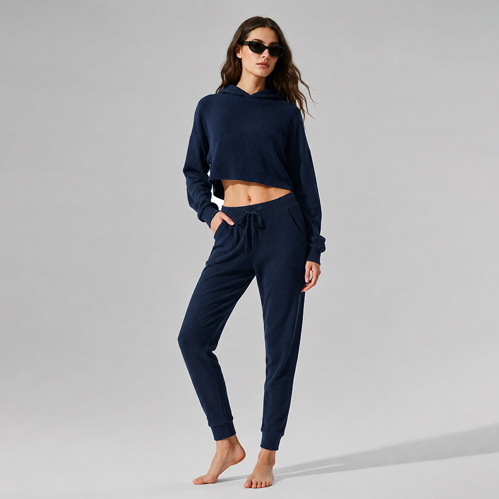 Women's navy corduroy lounge set, cropped hoodie and drawstring jogger pants