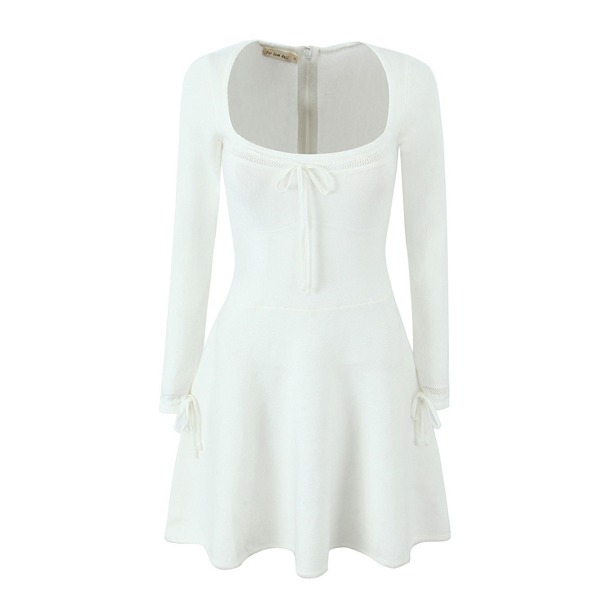 White square-back mini dress with long sleeves and bow-tie neckline detail
