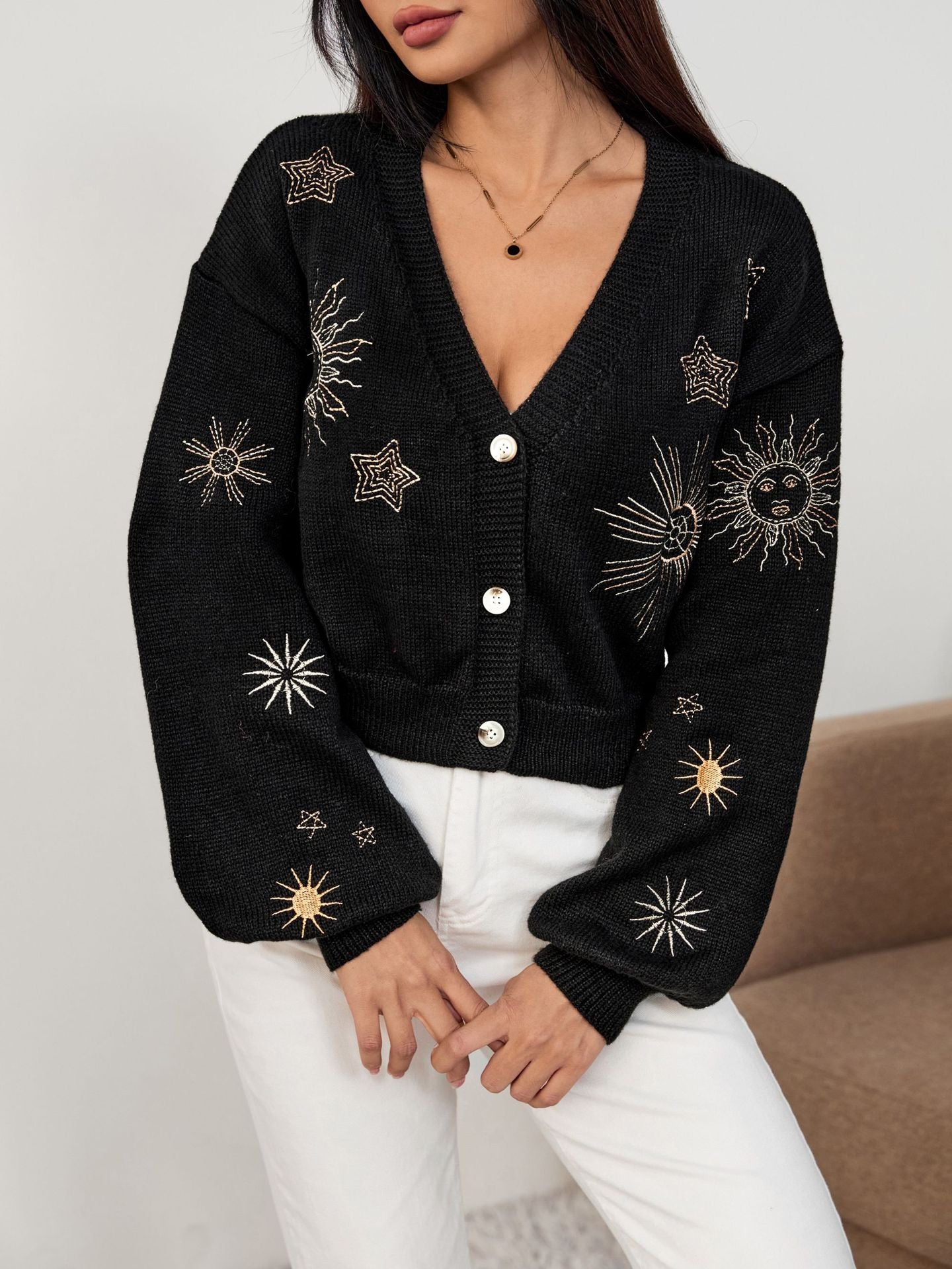 Embroidered Cropped Cardigan for Women — V Neck Sun and Star Knit in Wool