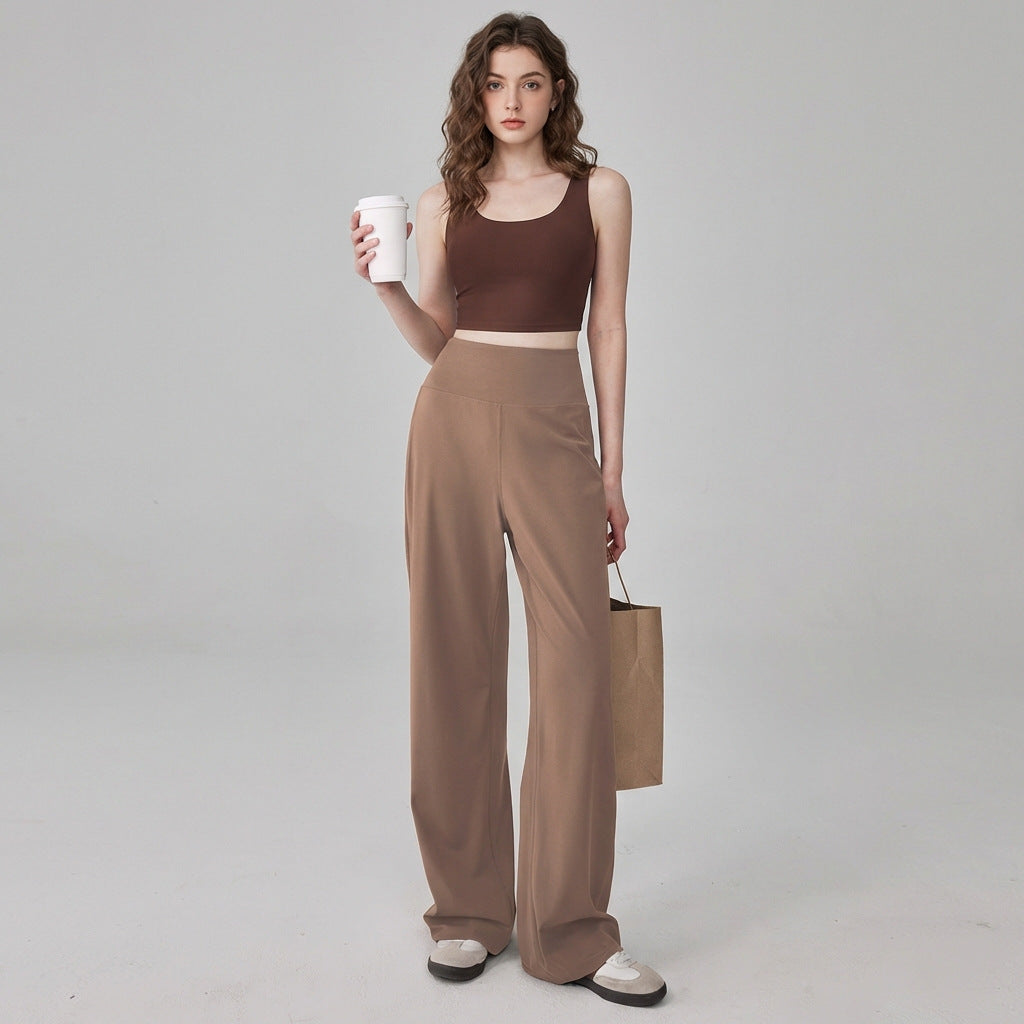 High-waisted wide-leg yoga pants in cocoa brown, loose drape