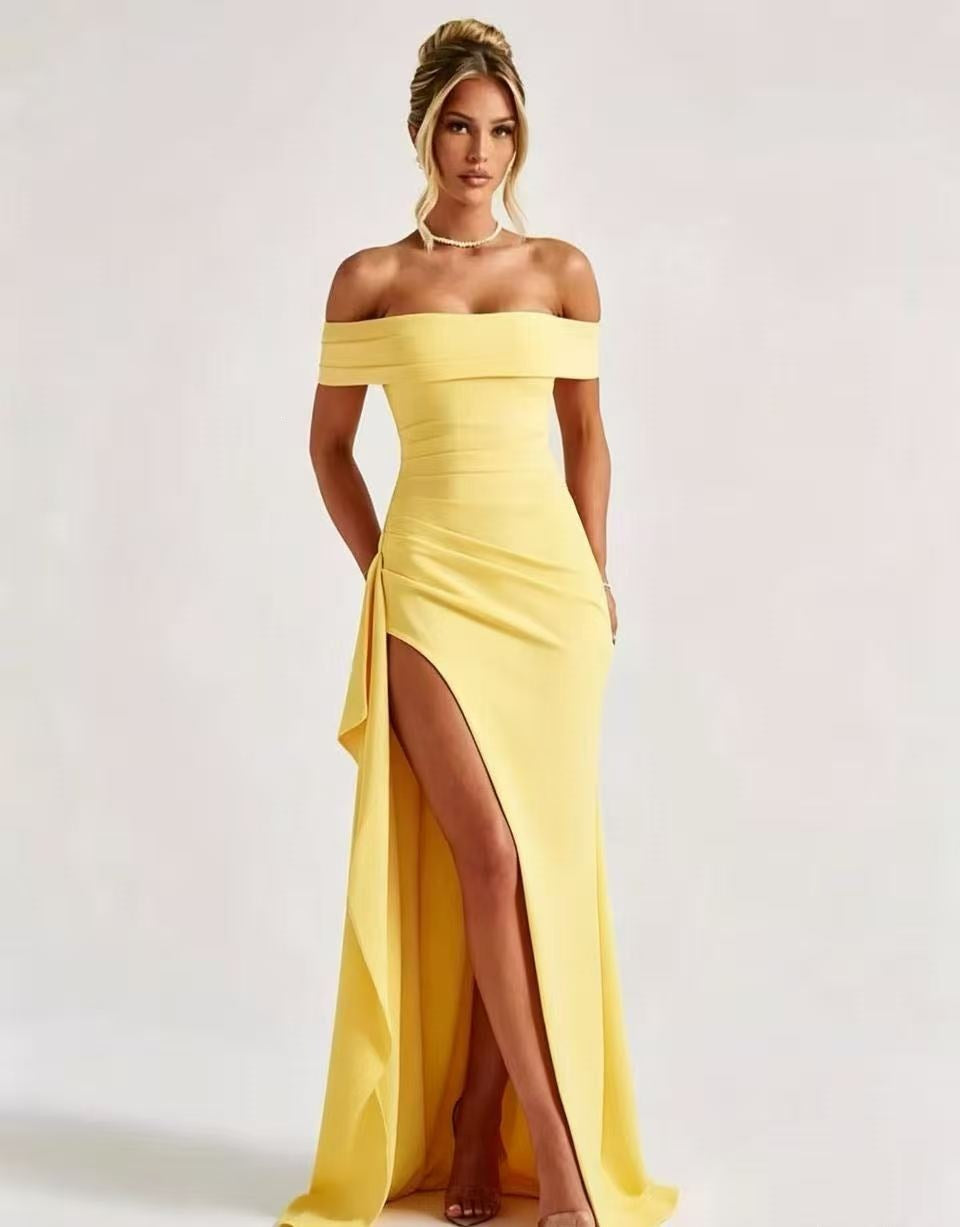 Yellow off-shoulder ruched mermaid maxi dress with high leg slit and flowing train