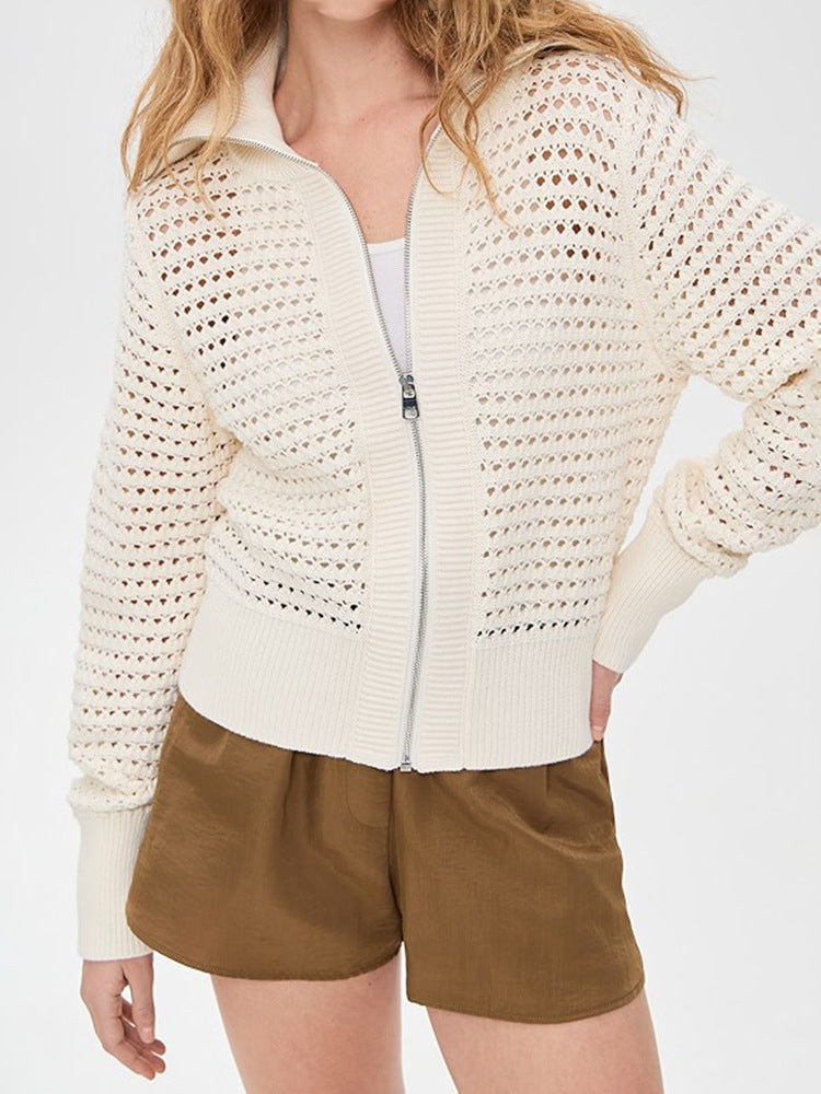 Open Knit Zip Up Cardigan for Women — Collared Eyelet Sweater Jacket in Soft Cotton