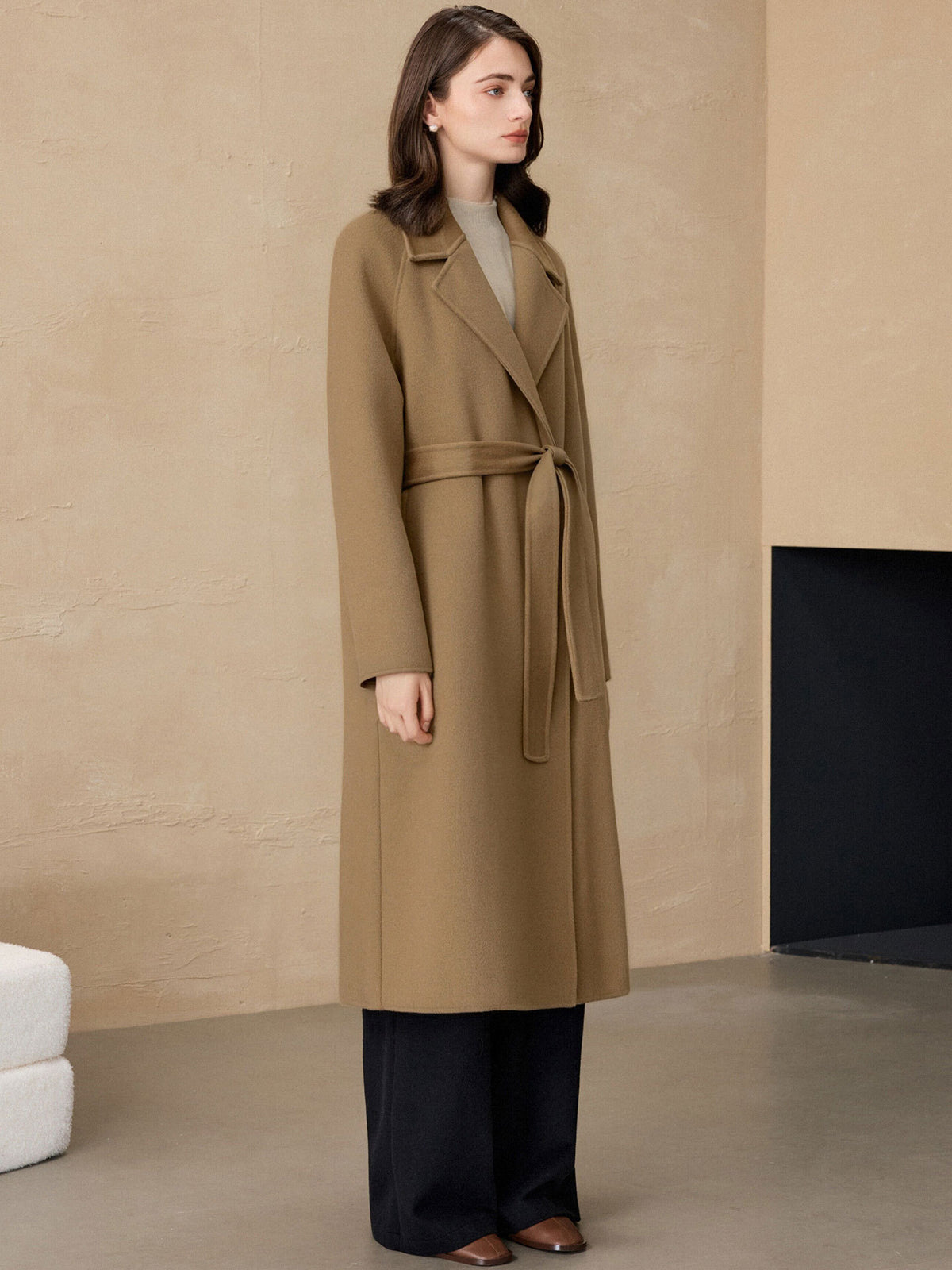 Long Wool Coat for Women — Double Faced Belted Wrap Style with Notch Lapel