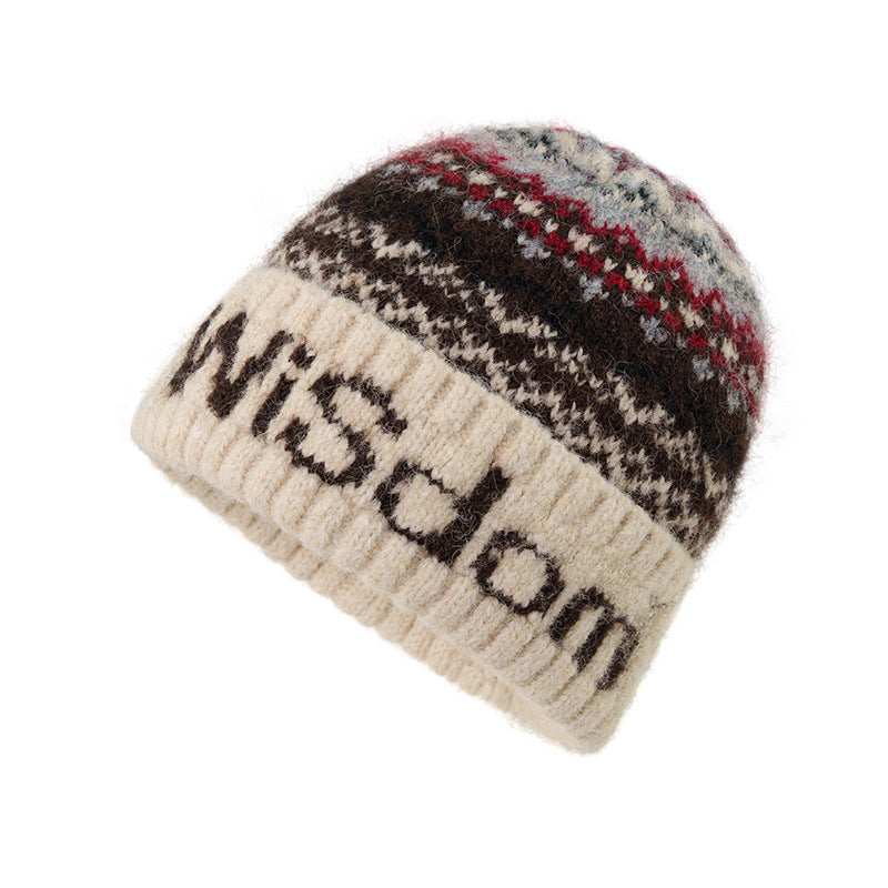 Off-white knit beanie with Fair Isle letter-style design and black detailing