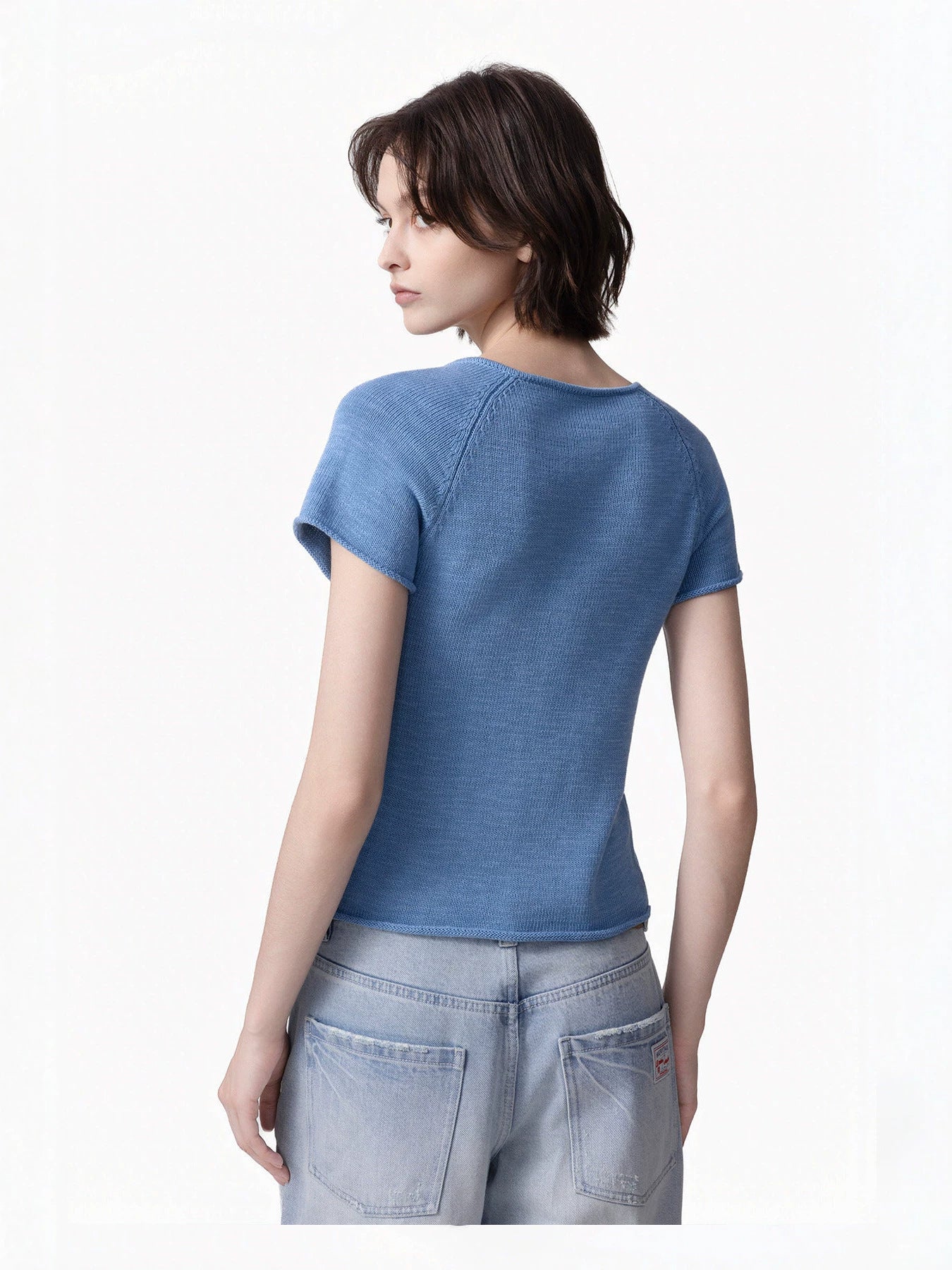 Short Sleeve Knit Top — Slim Fit with Keyhole Tie Neck and Rolled Edges in Linen