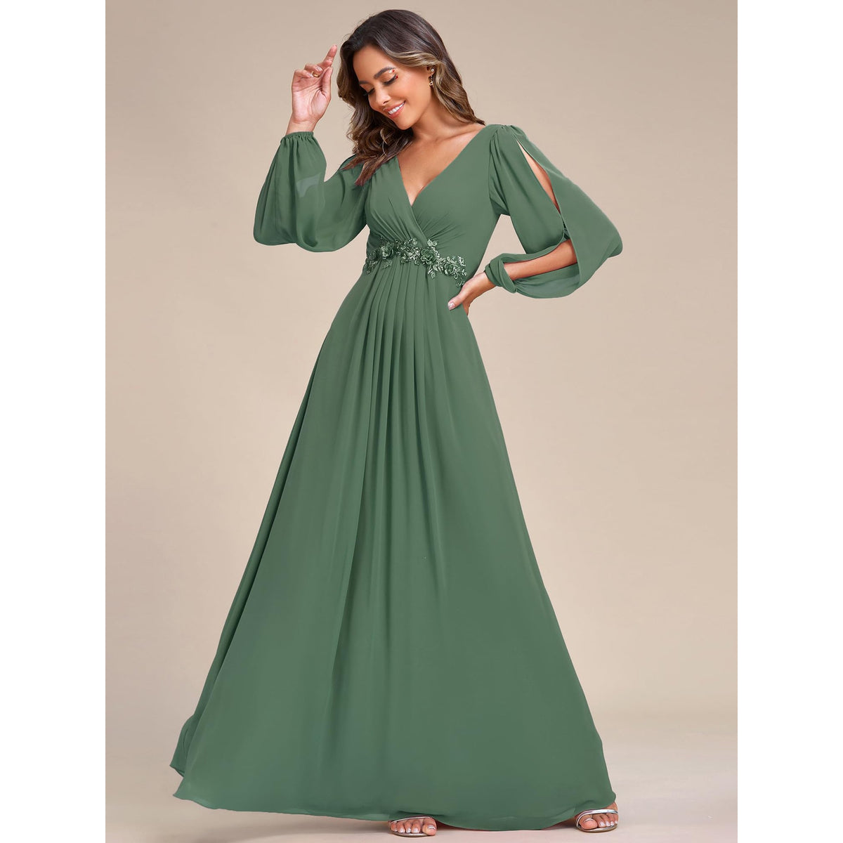 Green V-neck long-sleeve chiffon-style evening dress with ruched waist and floor-length pleated skirt
