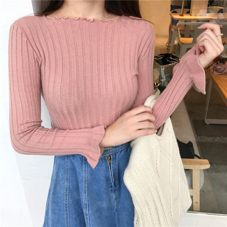 Ribbed Knit Sweater with Flare Sleeves for Women — Fitted Ruffle-Trim Style in Viscose