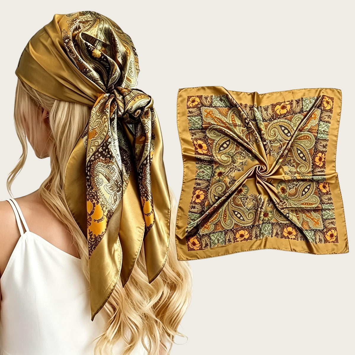 90cm satin square scarf in gold and black paisley floral print, knotted headscarf