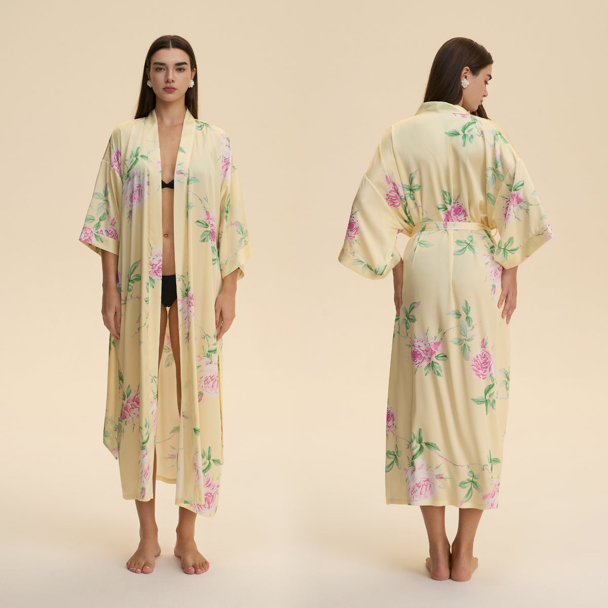 Light cream satin robe with pink and green floral print, belted long kimono sleeves