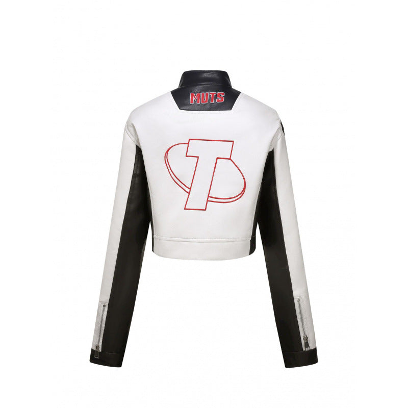 Women's motorcycle jacket, back view in white with black sleeves and large red logo