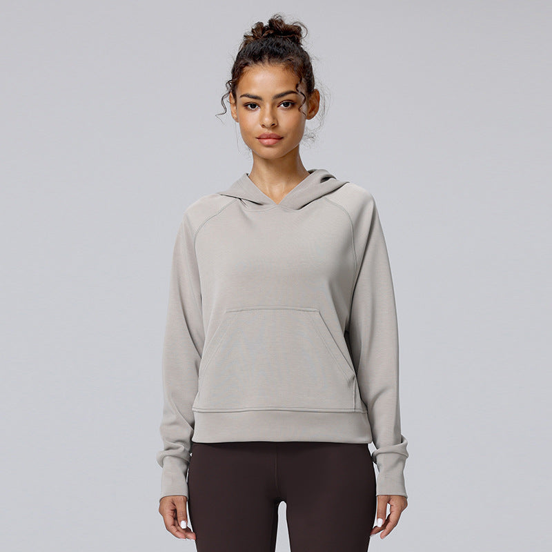 Light gray front view hooded pullover sweatshirt with kangaroo pocket