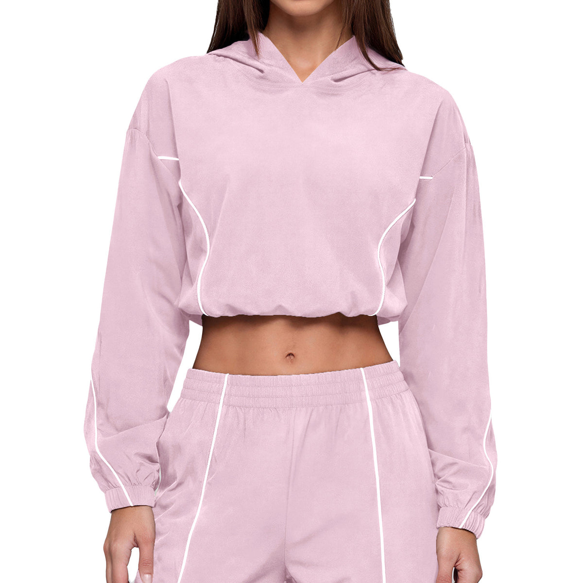 Pink hooded sun protection jacket with white contrast piping and cropped fit