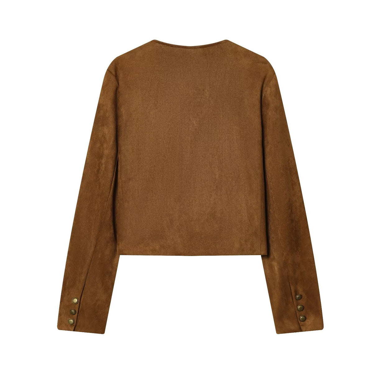 Brown boiled wool jacket, collarless back view with long sleeves and cropped hem