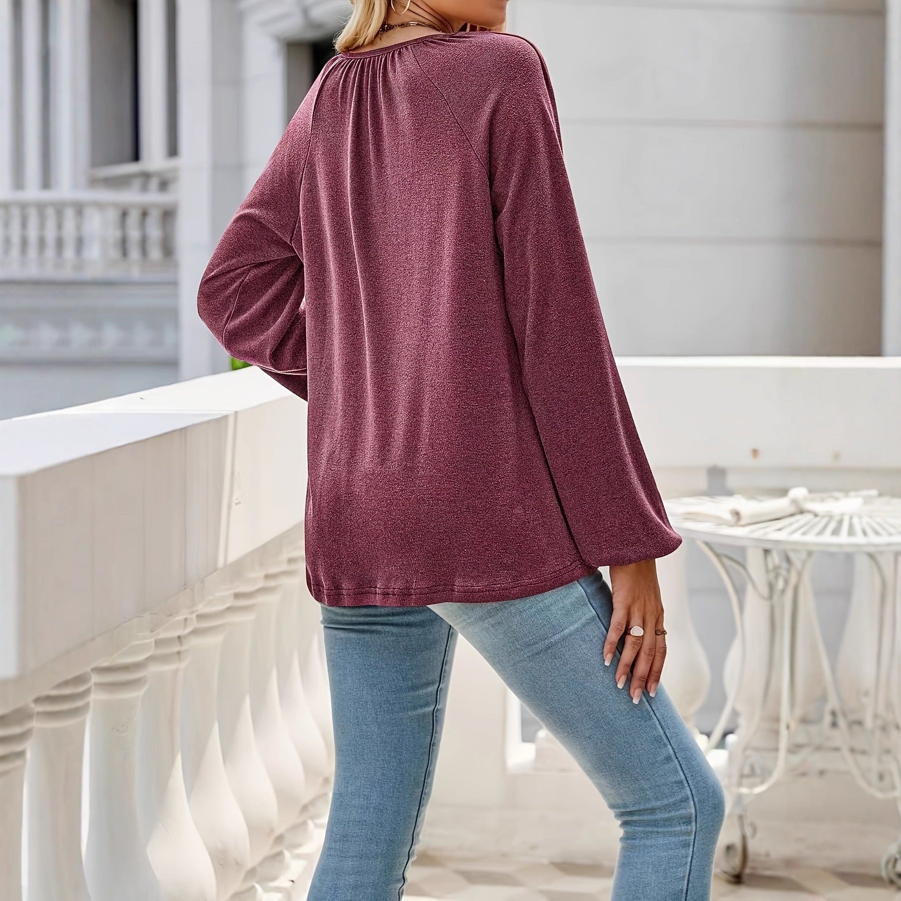 Flowy Long Sleeve Top for Women — Loose V Neck Fit with Balloon Sleeves in Viscose