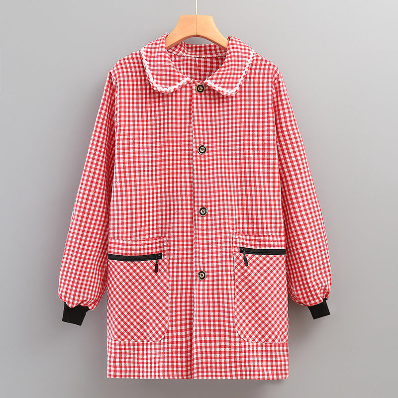 Red and white checkered smock apron with button front, pointed collar, and two chest pockets