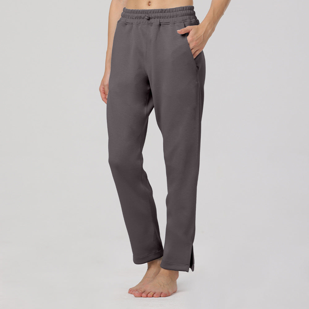 Gray elastic-waist cotton pants with straight legs and ankle-length hems