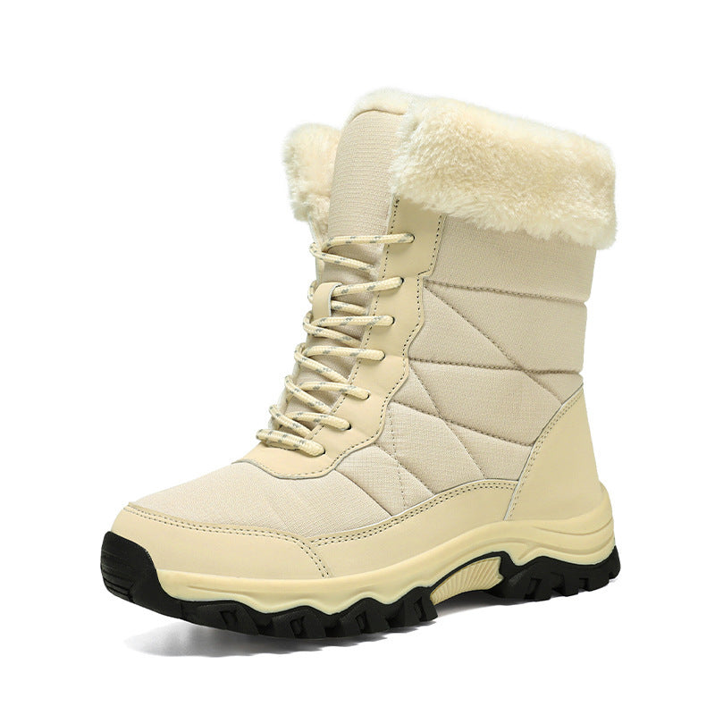 Beige high-top winter snow boots, fleece-lined, lace-up, rugged non-slip outsole