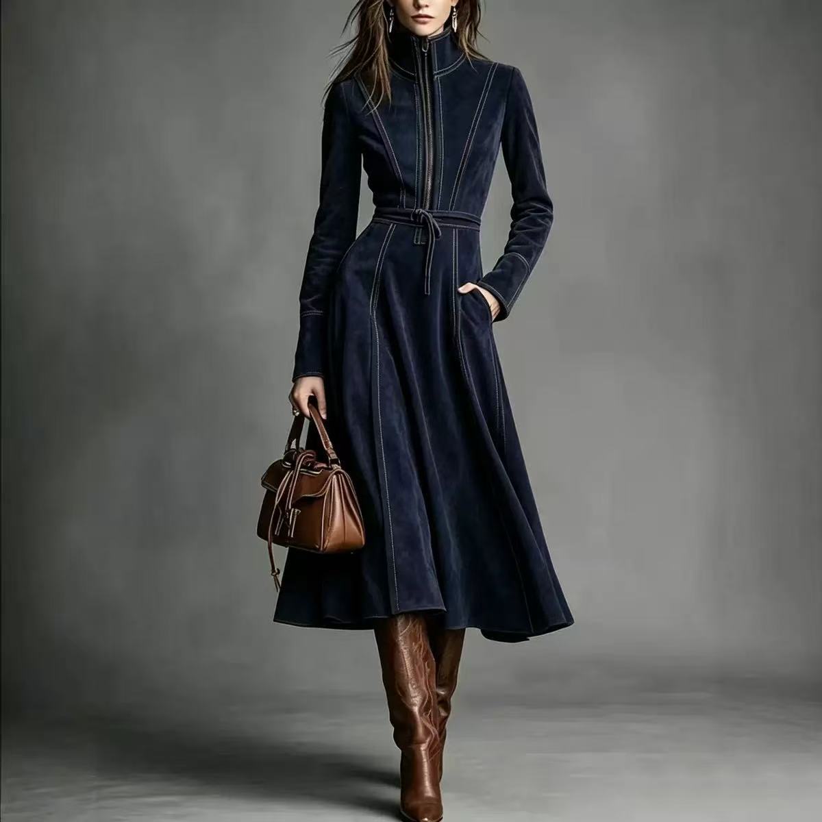Dark blue stand-collar long-sleeve dress with drawstring waist, pockets, and flared skirt.