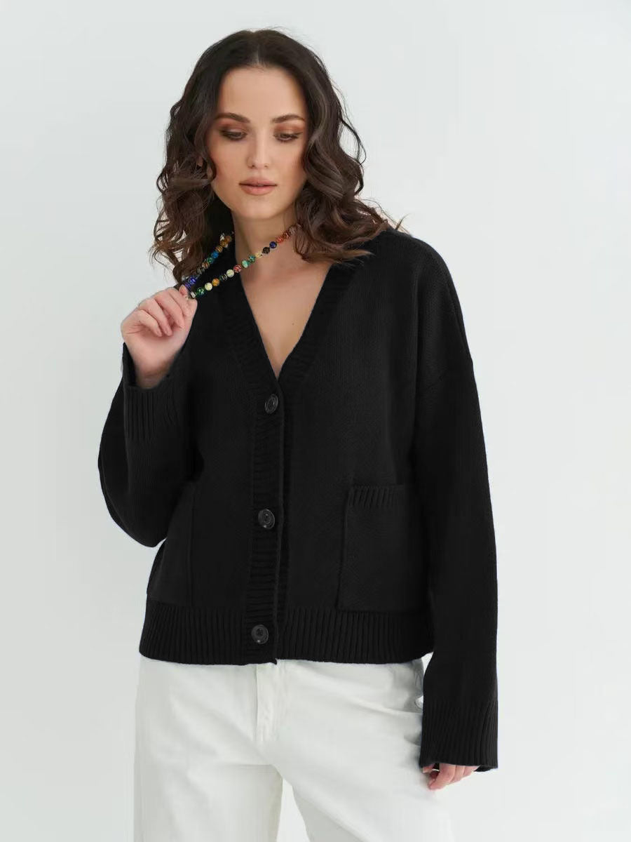 Women's black button-front V-neck knit cardigan with button closure and patch pockets
