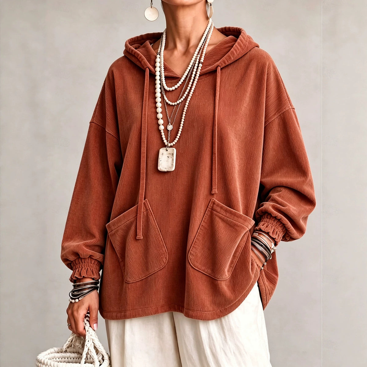 Rust corduroy hooded drawstring sweatshirt, patch diagonal flap pockets