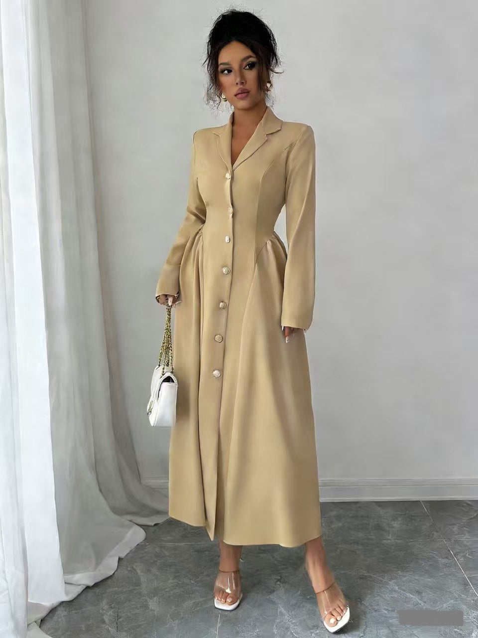 Khaki V-neck long-sleeve button-front dress with fitted waist, over-the-knee length