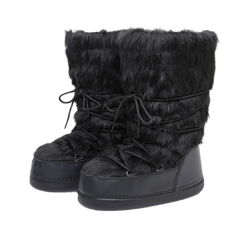 Black faux-fur lace-up winter boots with thick rubber sole