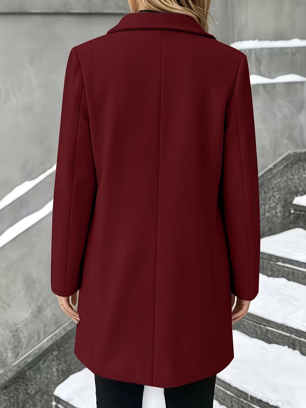 Back view of women’s mid-length wool coat in wine red, long sleeves, button placket
