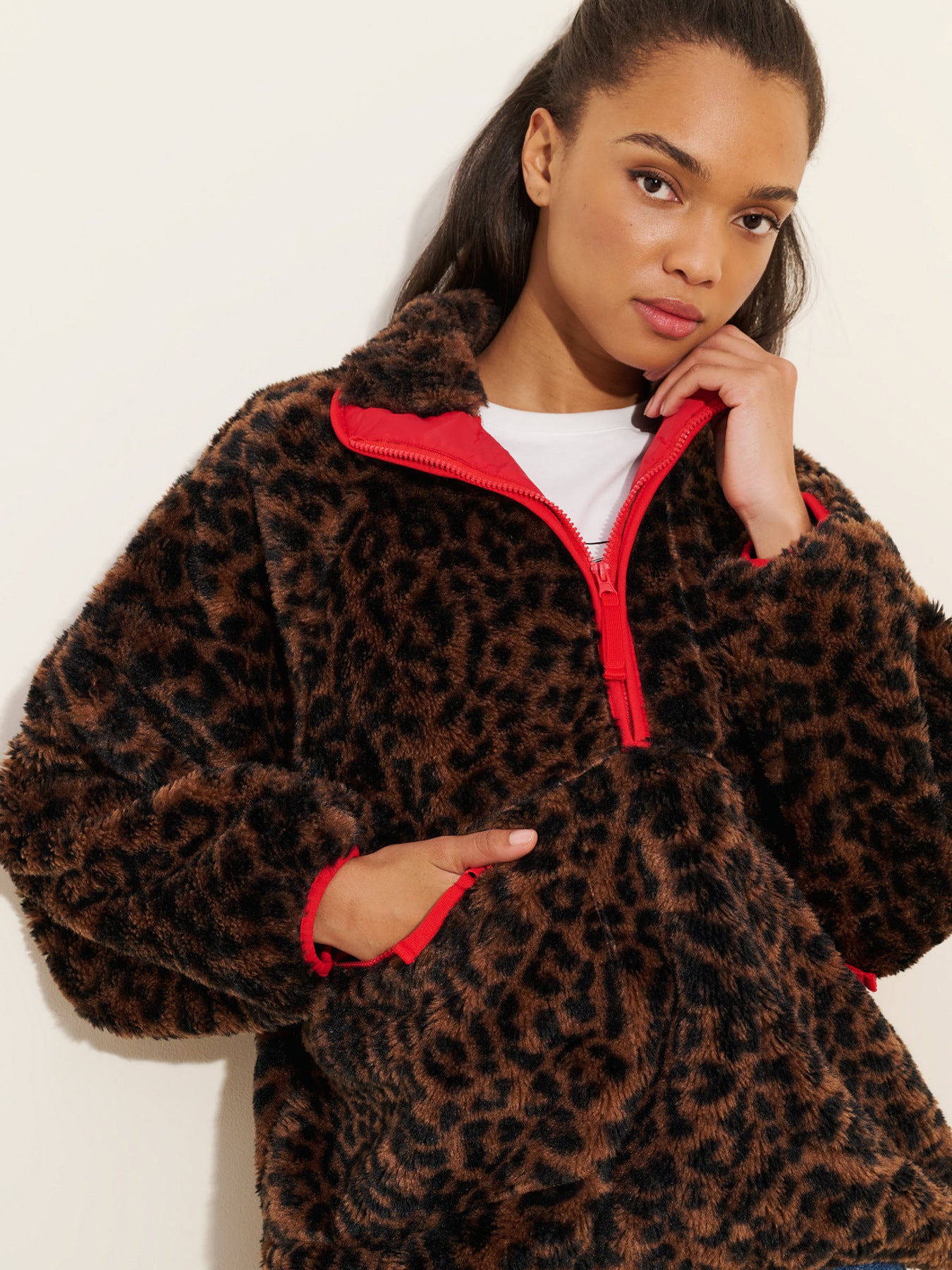 Brown leopard print teddy fleece jacket with red zipper and stand collar