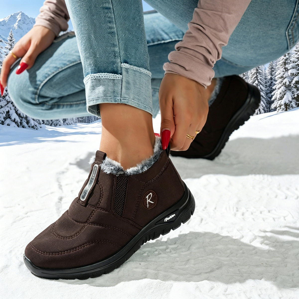 Slip On Winter Boots for Women — Fur Lined Ankle Snow Boots in Faux Suede