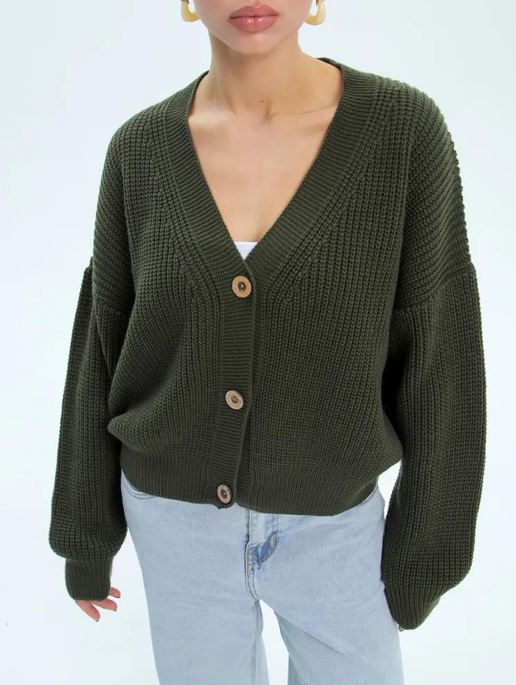 Cropped Cardigan for Women — Chunky Rib Knit with V Neck and Button Front