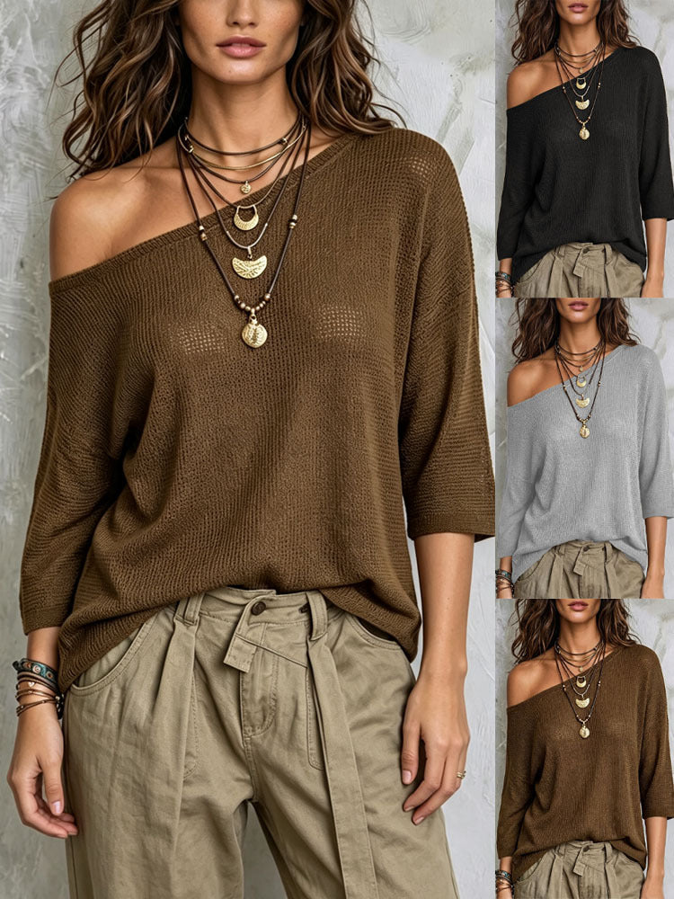 Off Shoulder Knit Top for Women — Loose Batwing Sleeve Style in Cotton