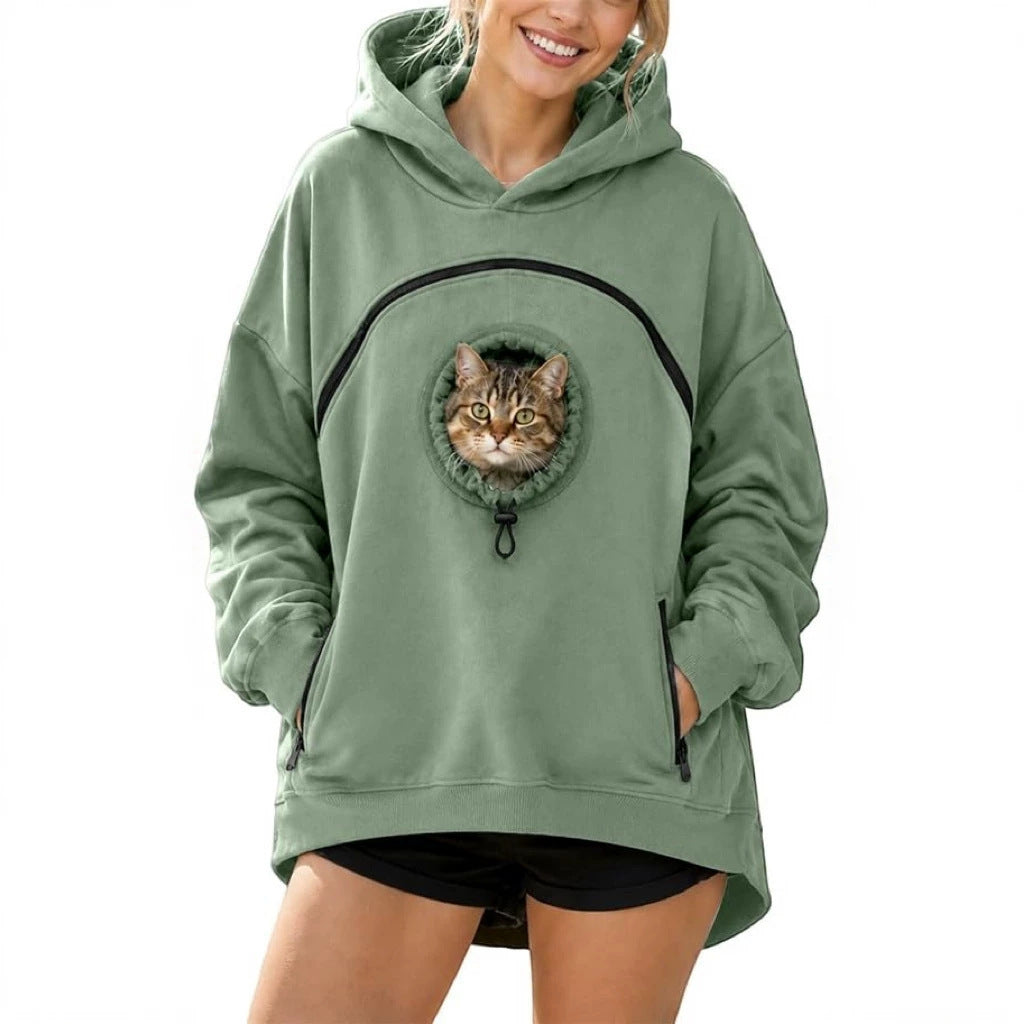Green hooded sweatshirt with cat graphic, kangaroo pocket, and drawstring hood