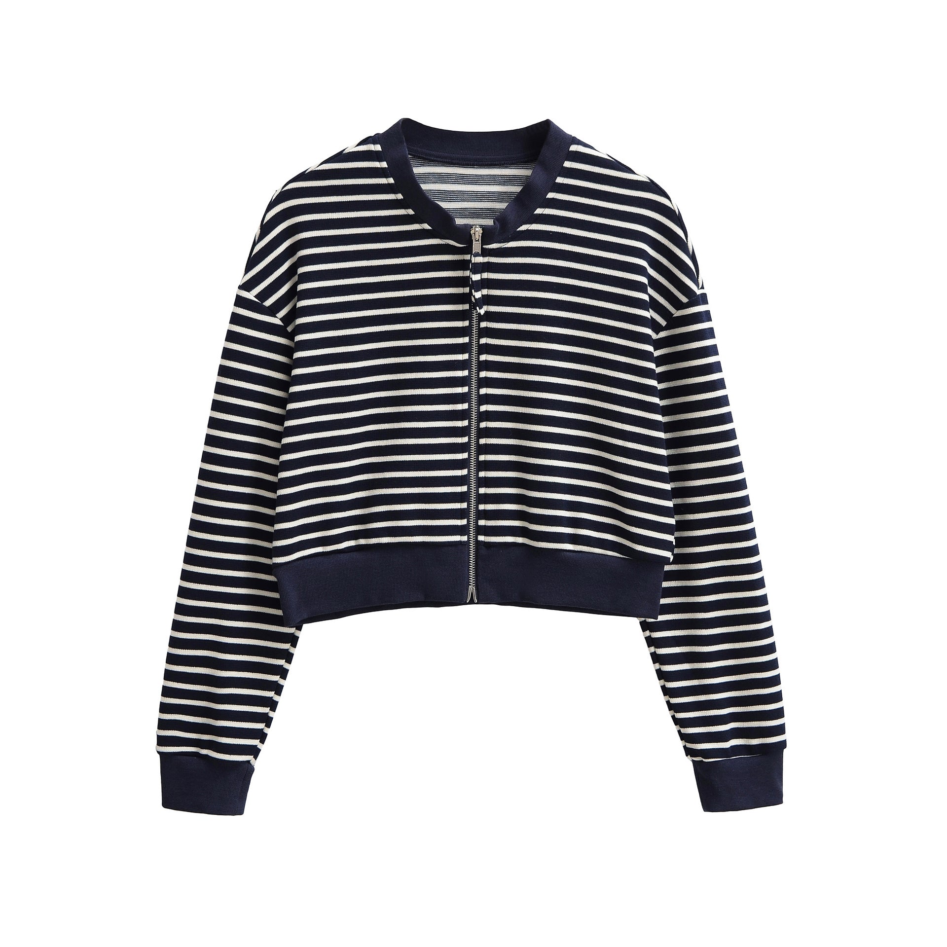 Women’s striped knit zip jacket, round neck, long sleeves, black with white stripes