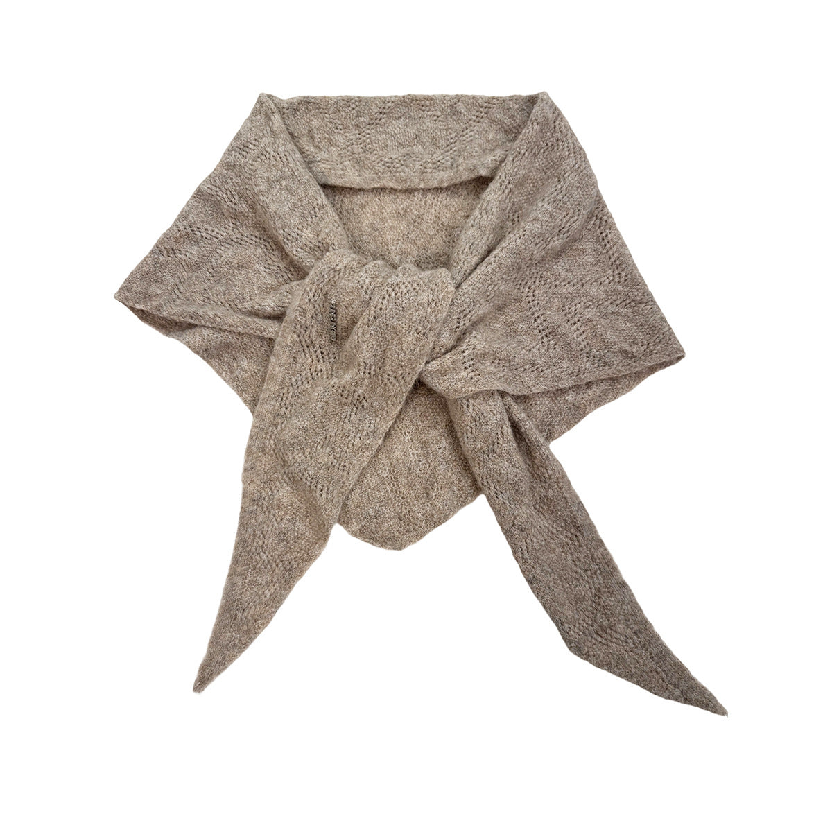 Taupe triangle knit scarf shawl with center knot and pointed tails