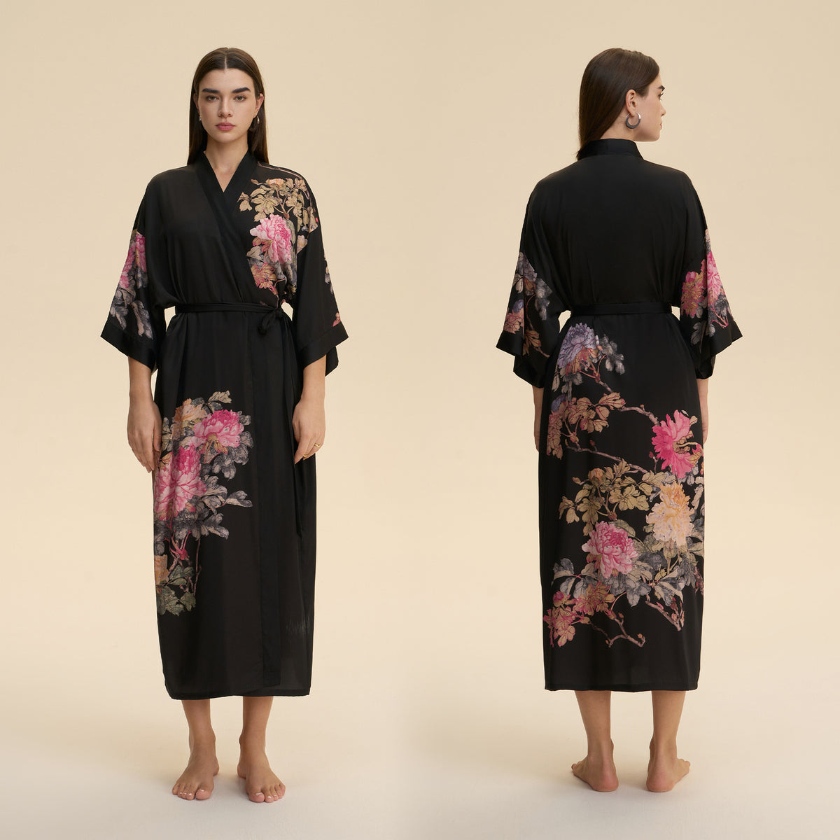 Black satin robe with pink and floral print, V-neck, waist tie, back view